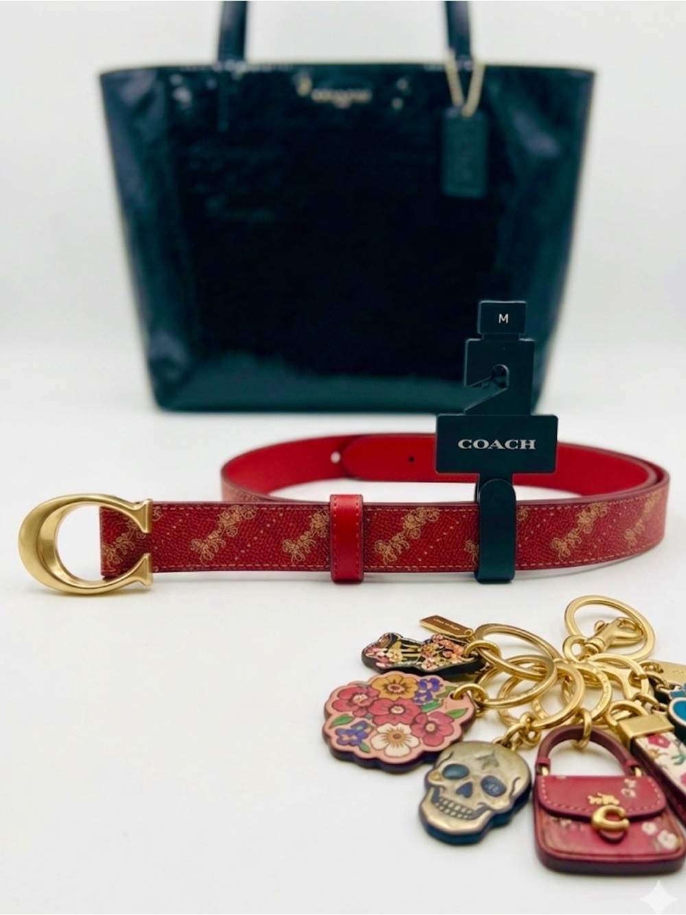 Coach Red Signature C Buckle Logo Belt with Gold Hardware